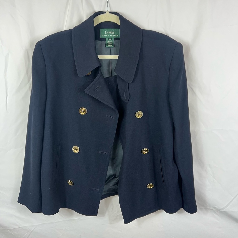 Lauren Ralph Lauren Navy Wool Pea Coat with Gold Anchor Buttons